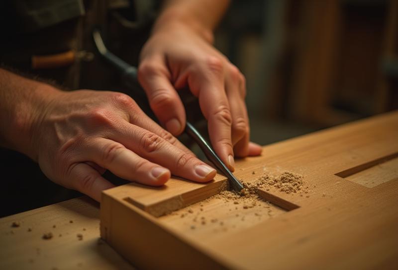 Close-up of a craftsman working on kitchen cabinet details, showing dedication to quality.