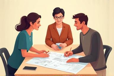 Illustration of people discussing kitchen plans during an initial consultation.