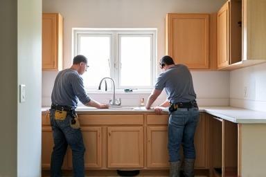 View of kitchen cabinets being professionally installed into a prepared space.