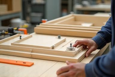 Photo showing kitchen cabinet components being assembled with precision in a workshop.