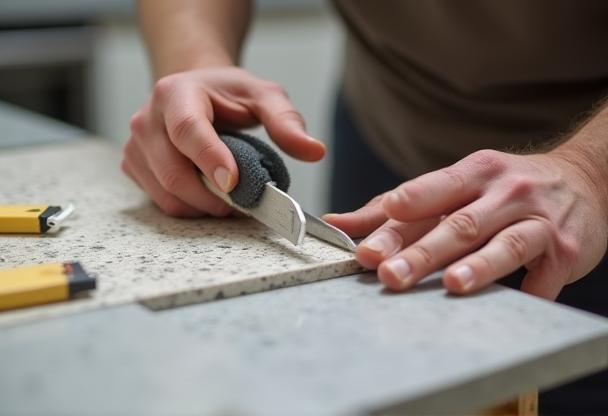 A close-up view of a kitchen countertop being meticulously installed.