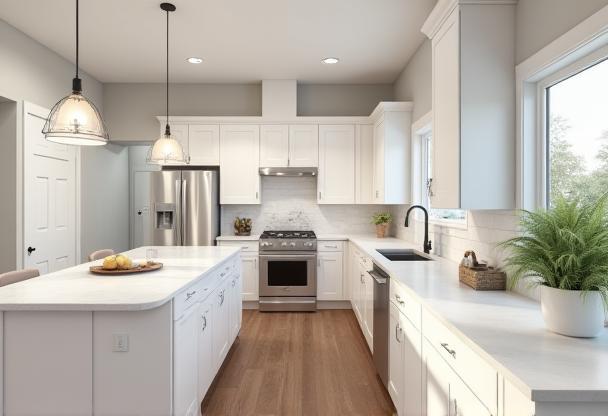 Computer rendering showing a unique custom kitchen cabinet design layout.
