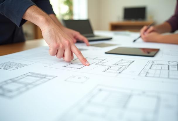 A person pointing at renovation plans laid out on a table, representing remodeling support.