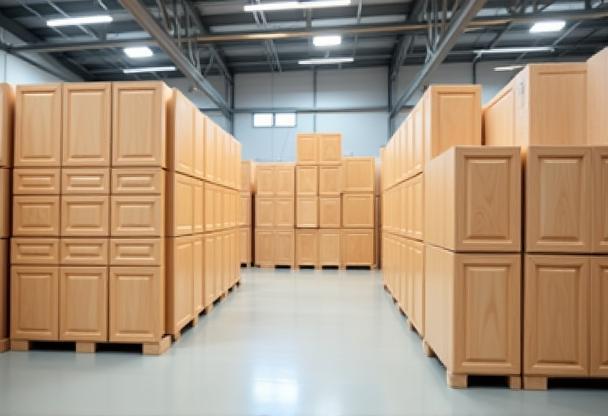 Photo of neatly stacked standard kitchen cabinet boxes demonstrating organization and quality.